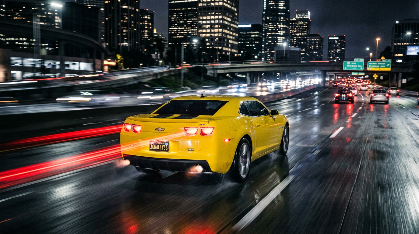 2010 Camaro SS driving through a dark wet city street at night with motion blur