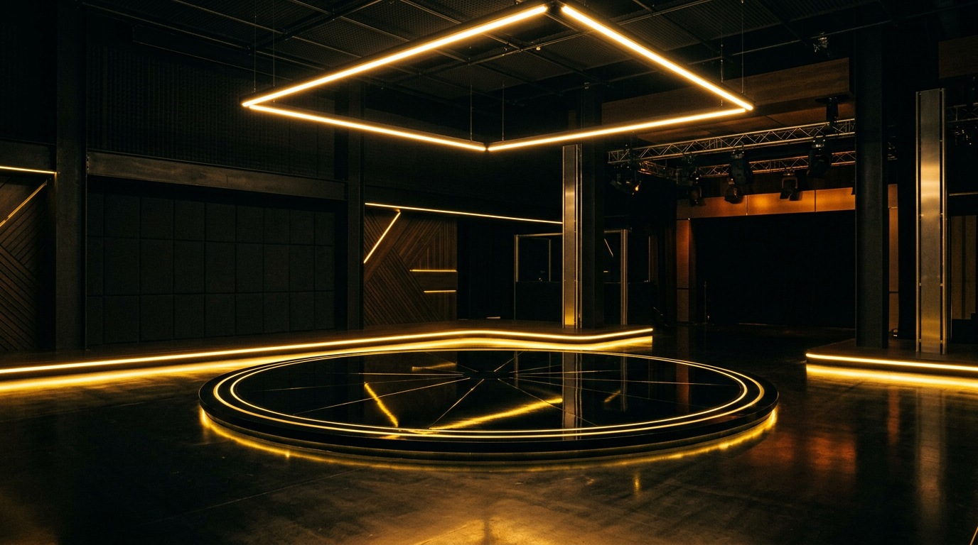 Dark automotive studio with yellow accent lighting
