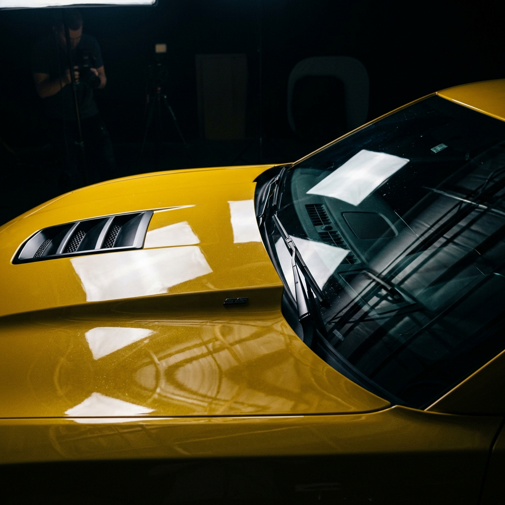 Reflections on Camaro SS hood and windshield